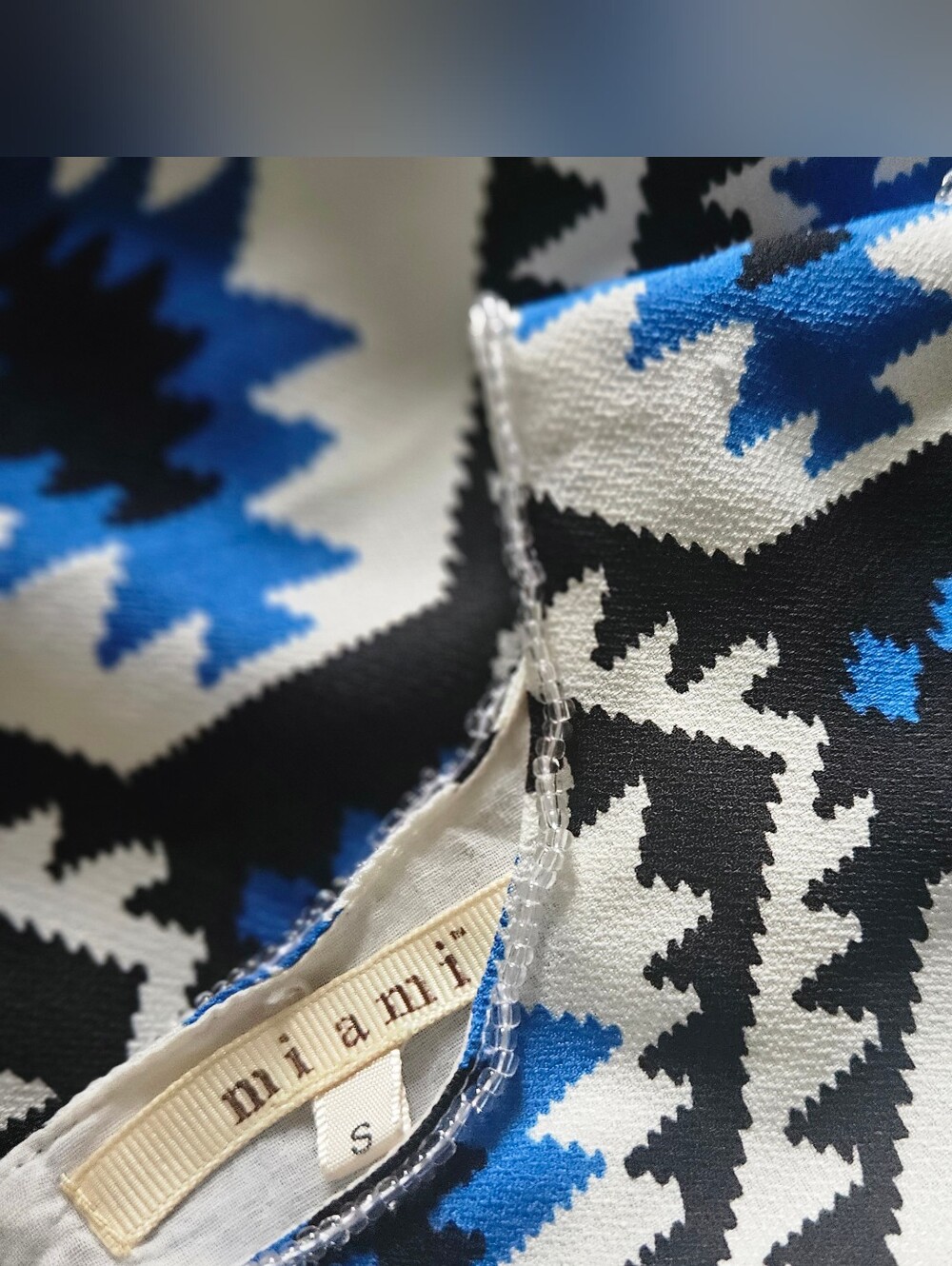 Miami Geometric Aztec Shift Dress Blue Black White Beaded Trim Size S Mini